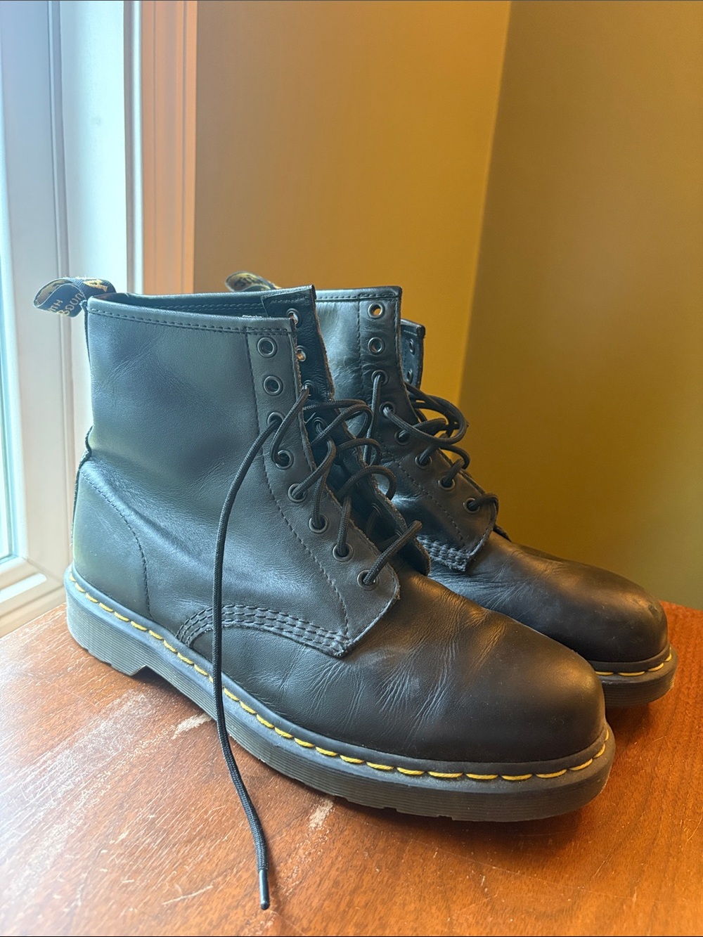 Dr. Martens Black Leather Men’s Lace-Up Boots with Yellow Stitching